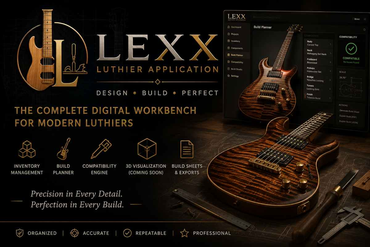 LEXX product showcase with electric guitar and builder interface